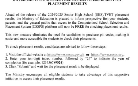 Breaking News: Government Offers Free Access to 2024/25 Senior High School and Technical Vocational Education and Training (TVET) Placement Results