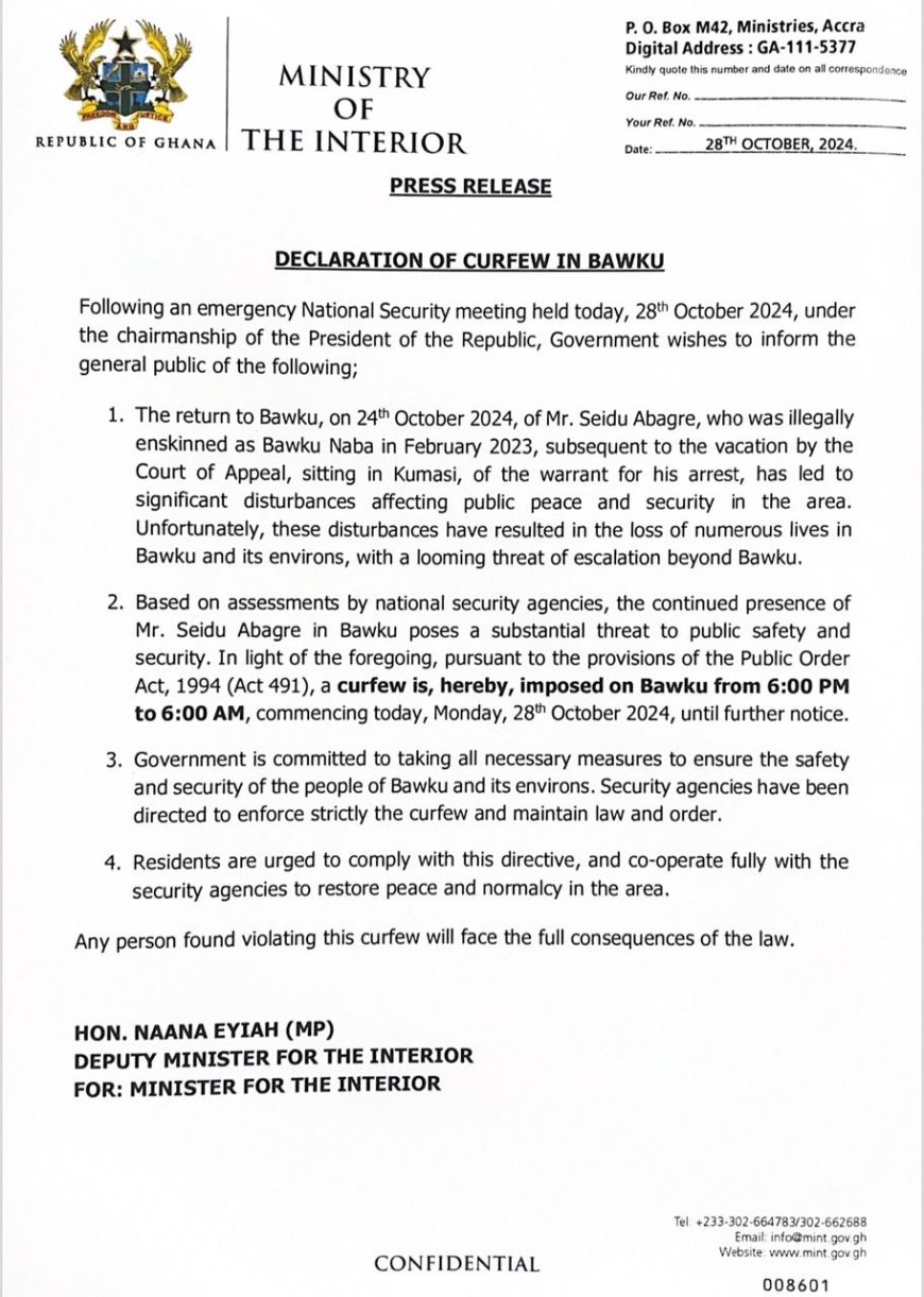 BREAKING NEWS: DECLARATION OF CURFEW IN BAWKU