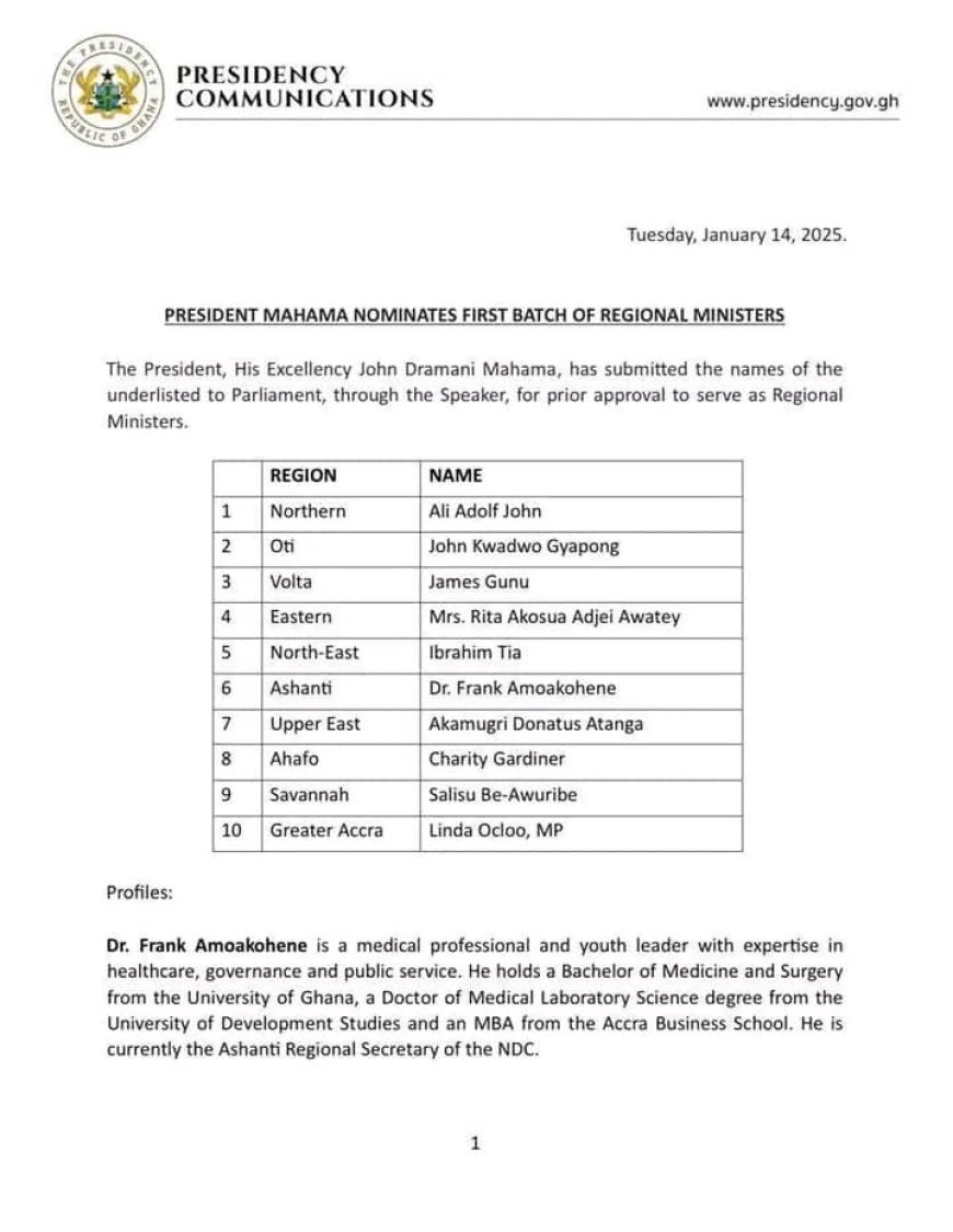 President Mahama Nominates First batch of Regional Ministers