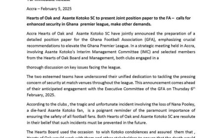 Hearts of Oak and Asante Kotoko SC to present Joint position paper to the FA - calls for enhanced security in Ghana premier league, make other demands.