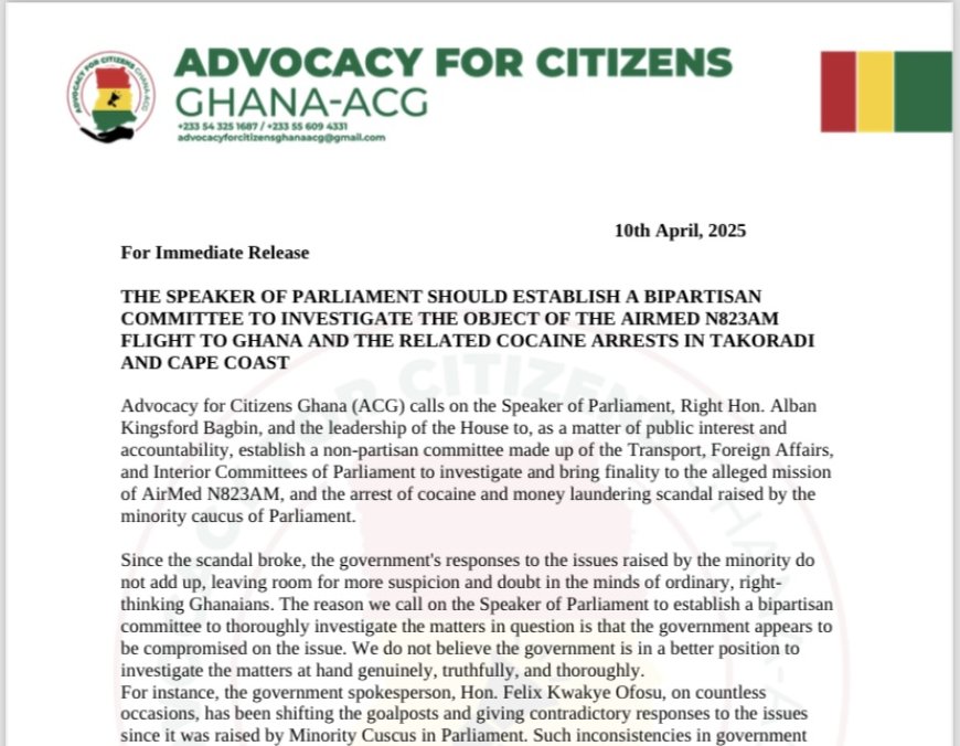 ACG Demands Parliamentary Probe Into AirMed N823AM Flight and Cocaine Arrests