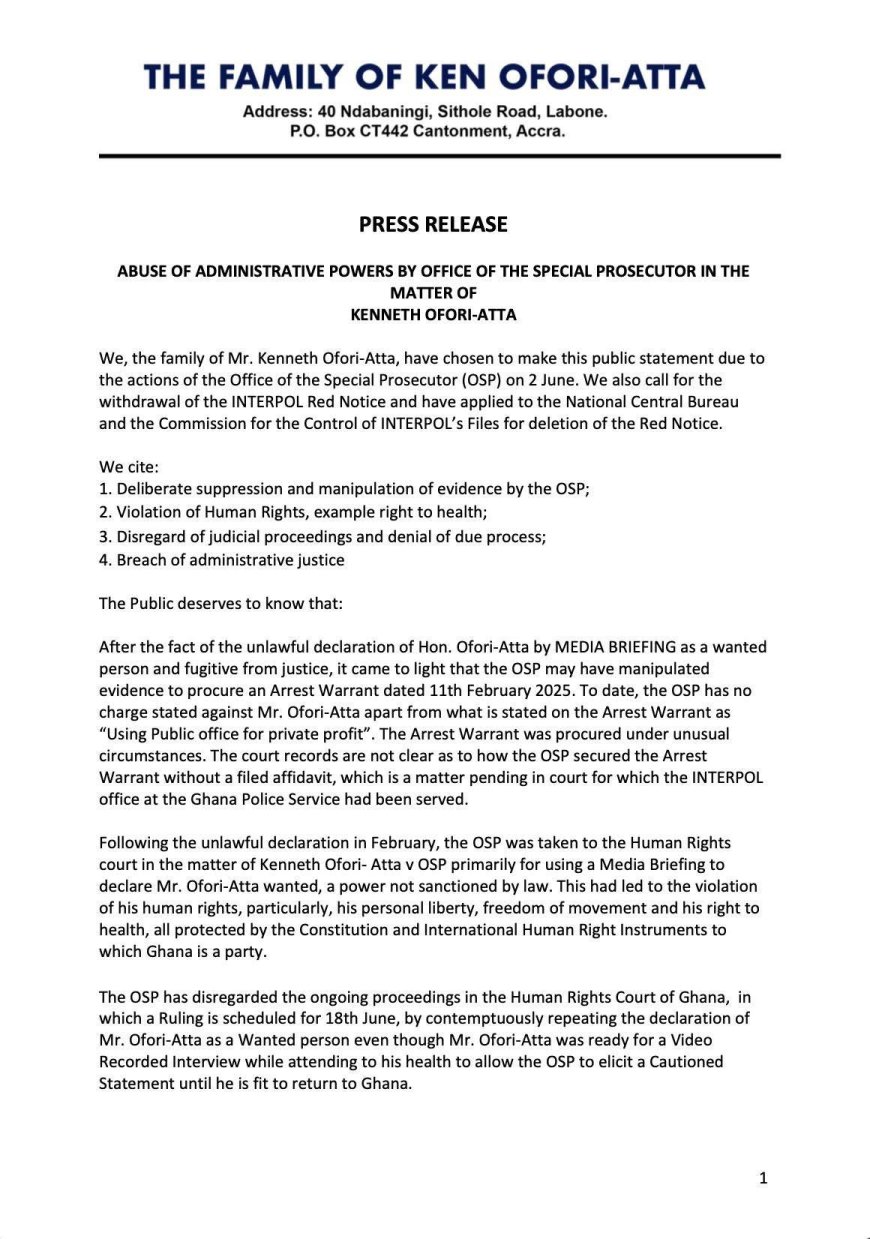 OSP Accused of Rights Violations in Kenneth Ofori-Atta Case – Family Responds