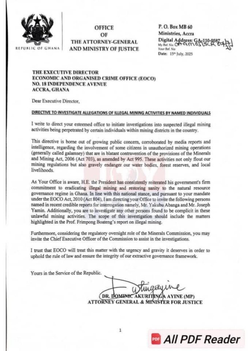 Attorney General Orders EOCO to Investigate Alleged Illegal Mining by Named Individuals
