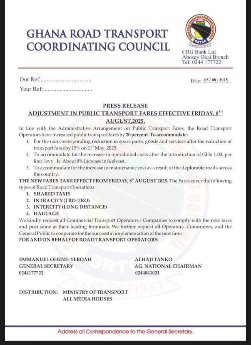 Public Transport Fares to Increase by 20% Effective August 8 – GRTCC