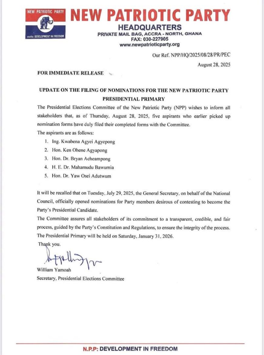 Five Aspirants File Nominations for NPP Presidential Primary