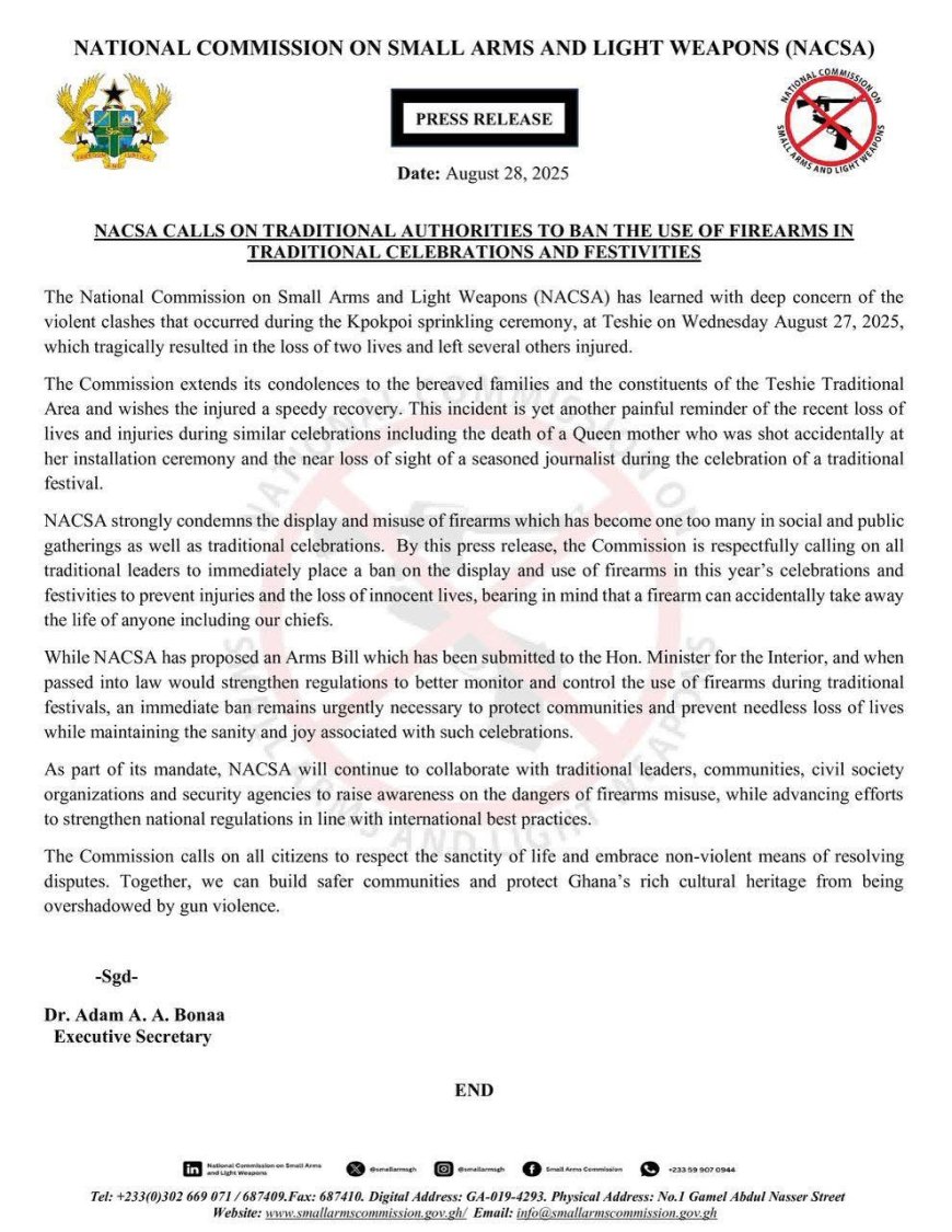 NACSA Urges Traditional Authorities to Ban Firearms at Festivals After Deadly Teshie Clash
