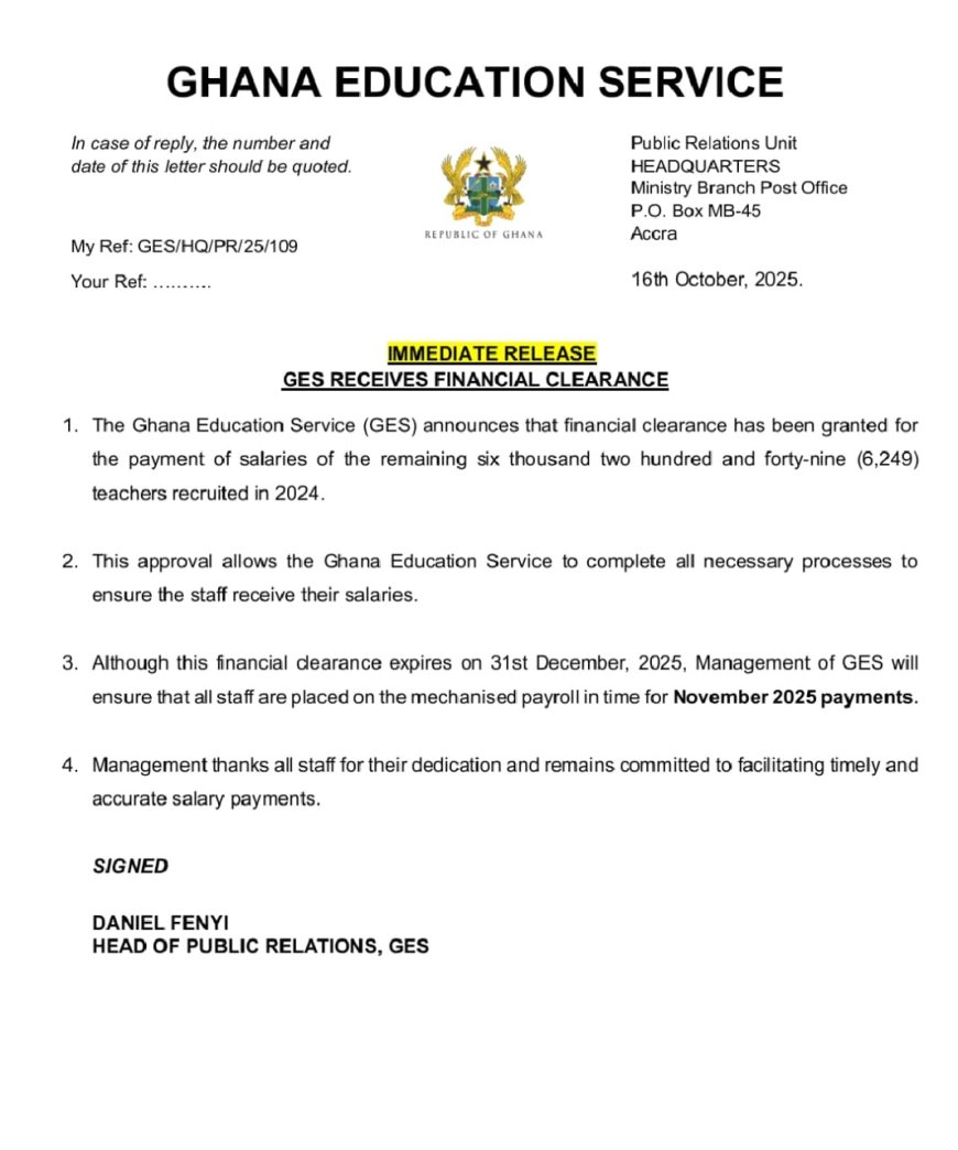 GES Receives Financial Clearance to Pay 6,249 Newly Recruited Teachers by November 2025