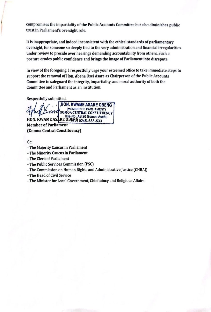 Gomoa Central MP petitions Speaker to remove Hon. Abena Osei Asare as PAC Chair
