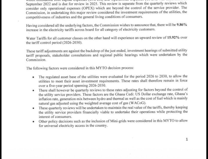 PURC Approves New Tariffs: Electricity Up 9.86%, Water Up 15.92% From January 2026