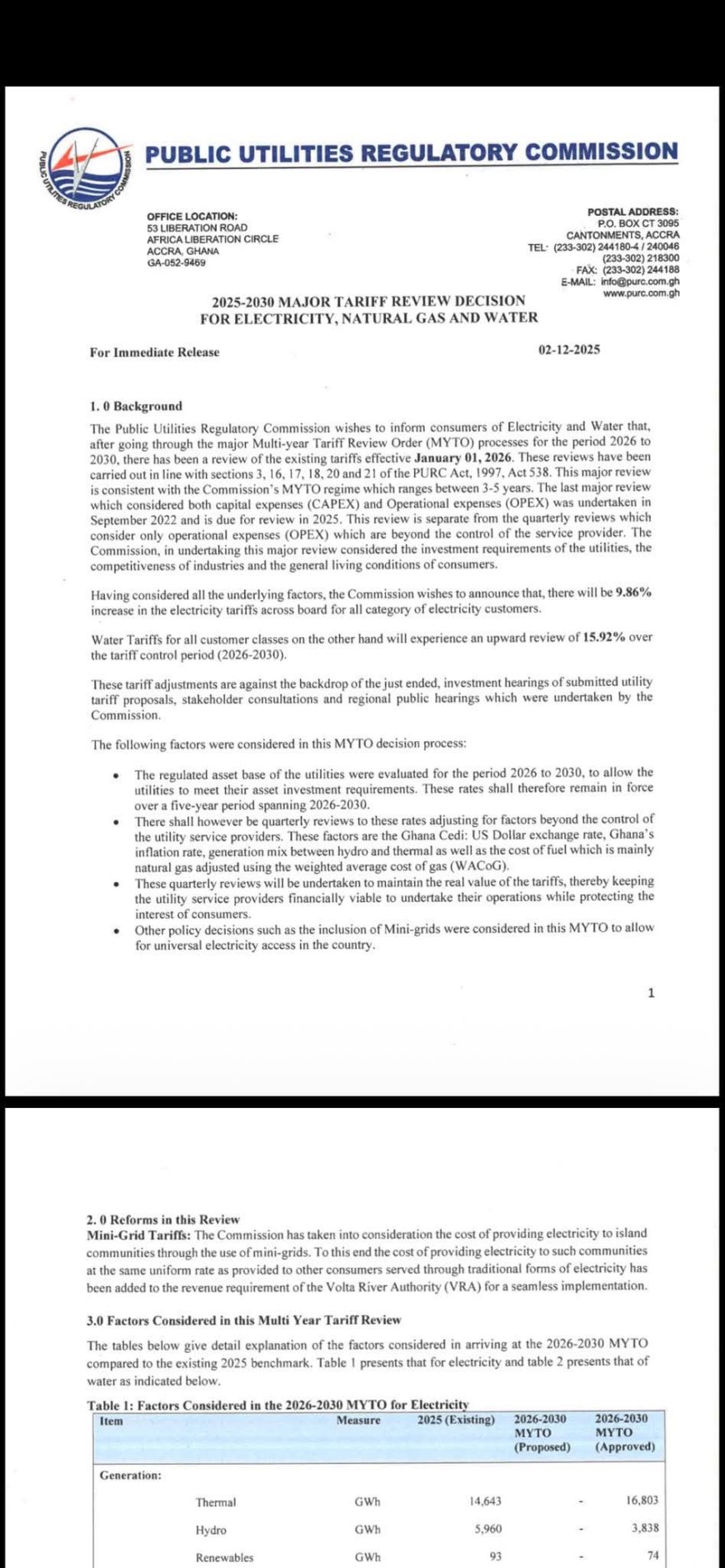 PURC Approves New Tariffs: Electricity Up 9.86%, Water Up 15.92% From January 2026